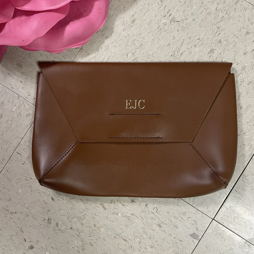 J CREW Brown Smooth‎ Leather Structured Flap Closure Envelope Clutch Monogrammed